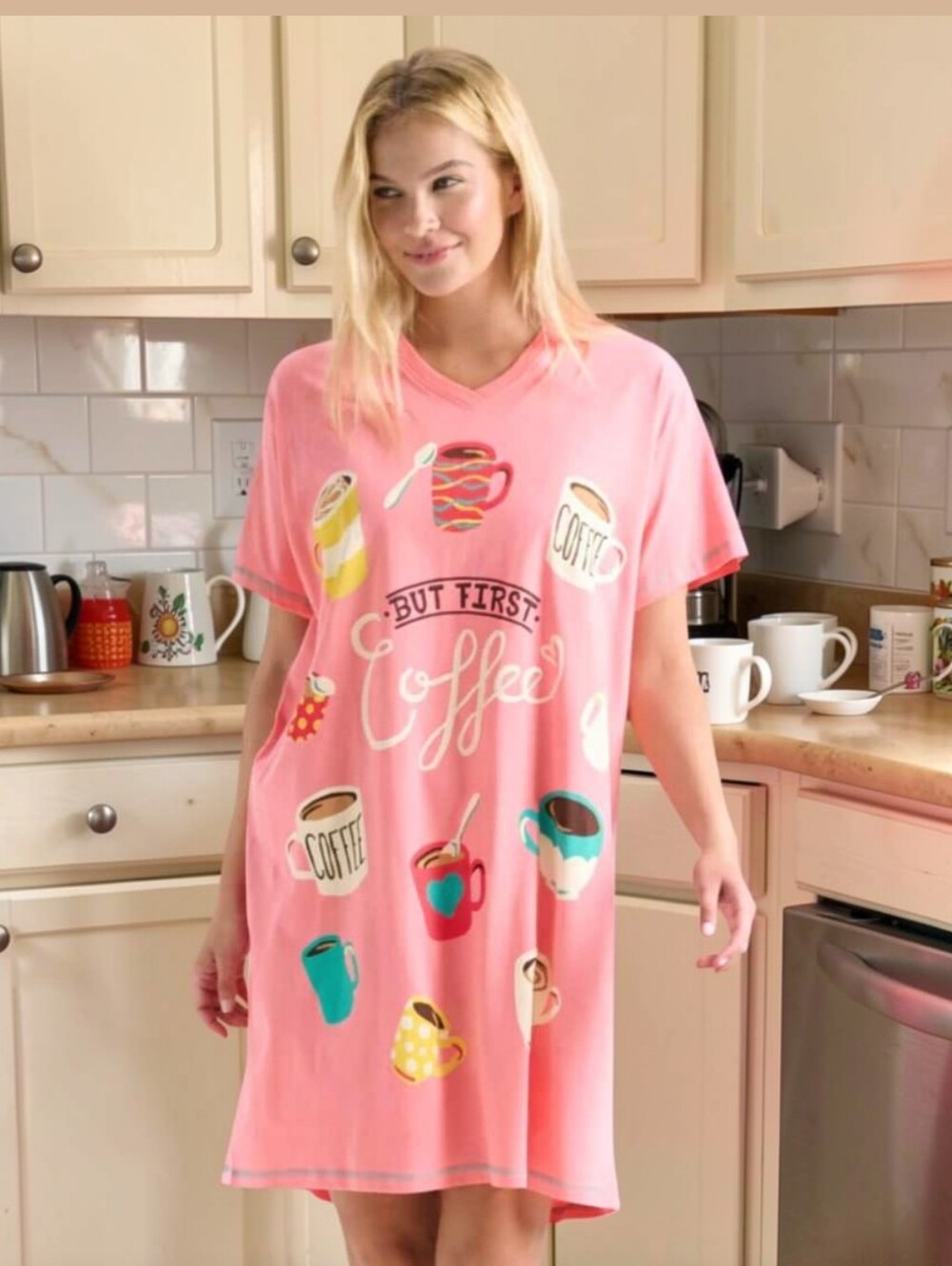 "But first Coffee" Pink Sleepshirt with Colourful Mugs